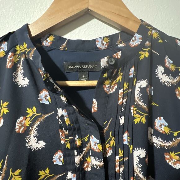 BANANA REPUBLIC Small Navy Long Sleeve Pleated Mandarin Dress Waist Pockets - Picture 3 of 16